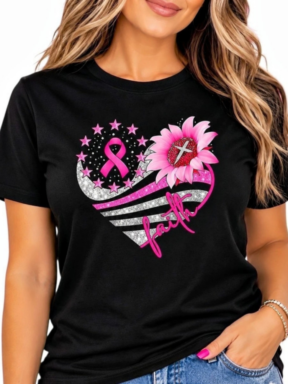Graphic Short Sleeve Tee in Black & Pink